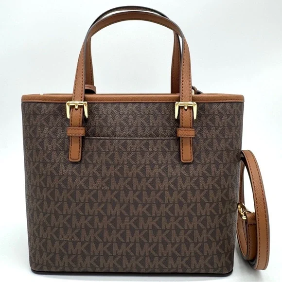 Michael Kors Jet Set Travel Extra-Small Logo Top-Zip lote Bag Brown Signature